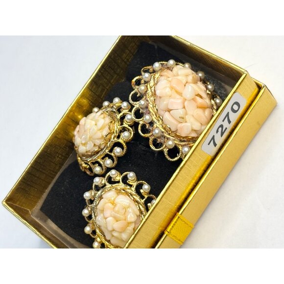 Vintage Faux pearl & Coral Clip-On Earrings & Brooch Set - Picture 8 of 8